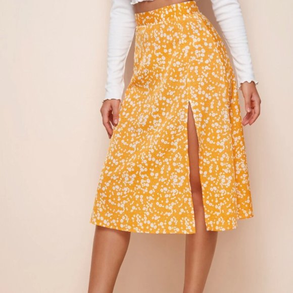 Boho ditsy floral print midi slit skirt YELLOW - Picture 3 of 14